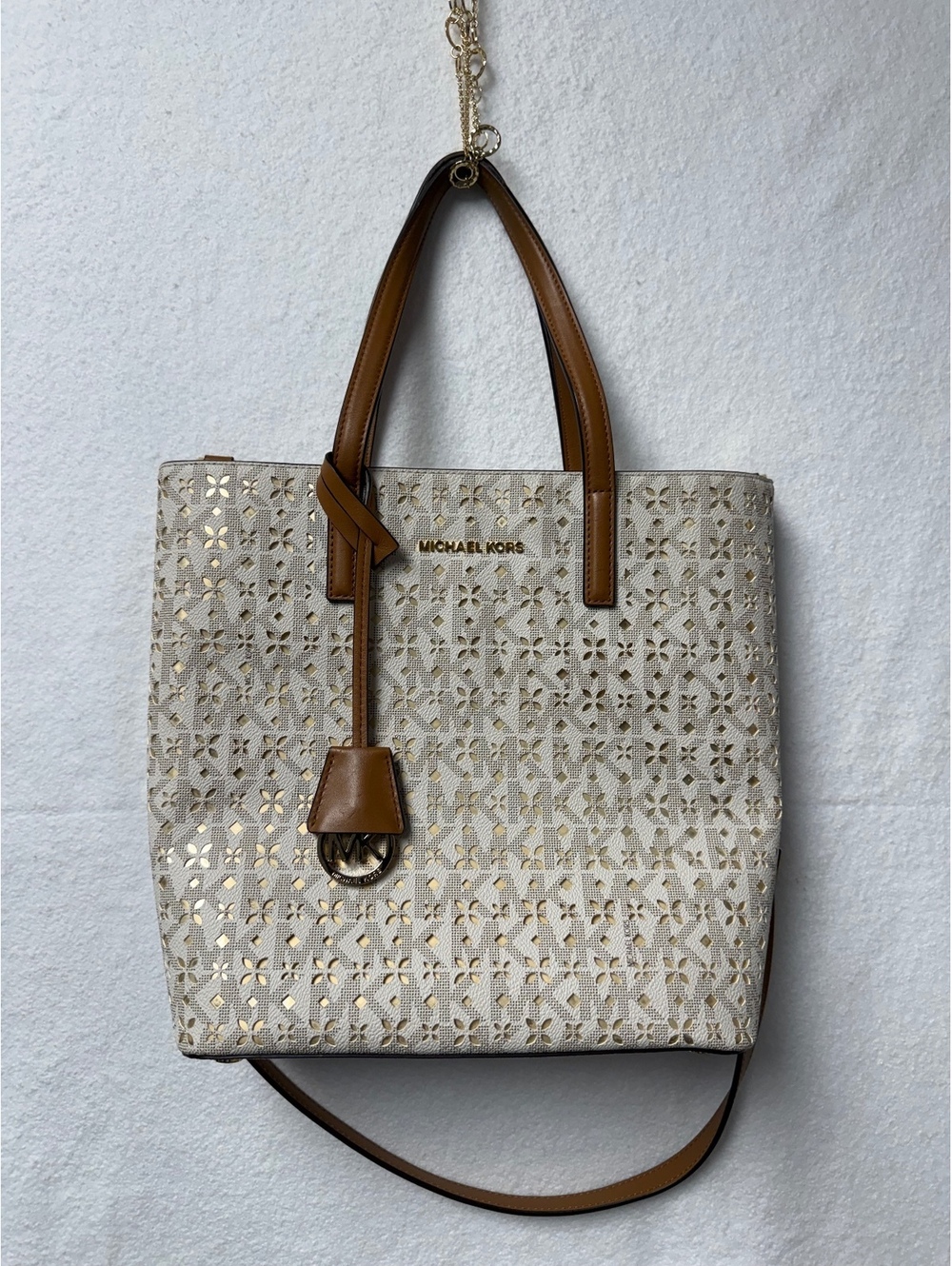 Michael Kors Jet Set Large Logo Tote Bag with Brown Leather Handles and Gold Acc